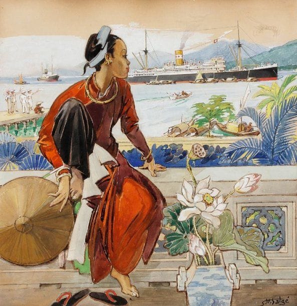SALGE
Femme devant un port Aquarelle et gouache sur papier Signée en bas à droite 315 x 315 cm
