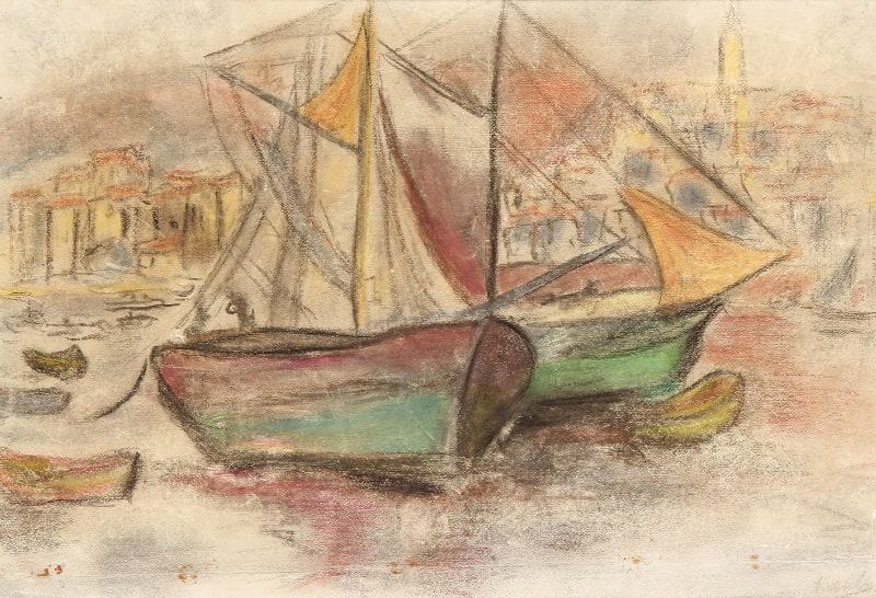ANONYME
Bateaux au port Pastel et fusain sur papier Porte une signature illisible en bas à droite 5 cm