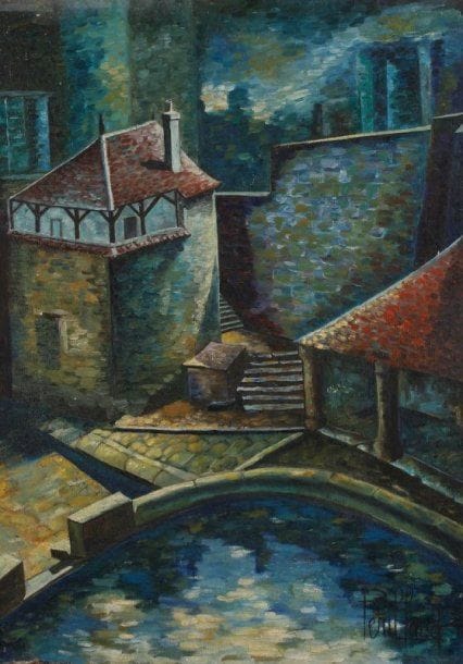 Christiane PERILLAUD (1929-2004)
La Nuit au village Huile sur toile Signée en bas à droite et au dosLégers manques 65 x 46 cm