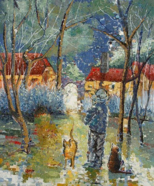 Christiane PERILLAUD (1929-2004)
Jeune homme au chat Huile sur toile Non signée 65 x 55 cm