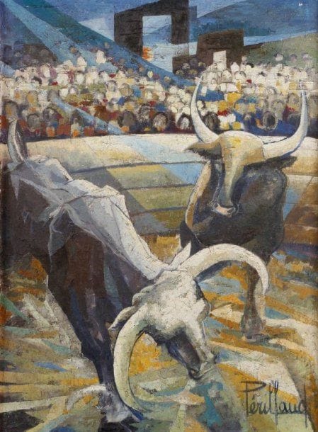 Christiane PERILLAUD (1929-2004)
Tauromachie Huile sur toile Signée en bas à droite et au dos 81 x 60 cm