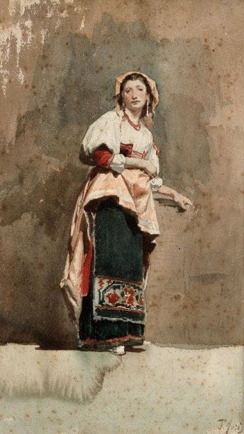 Pio JORIS [Italien] (1843-1921)
Jeune femme en costume de la campagne romaine Aquarelle et crayon sur papier Signé en bas à droitePiqûres 42 x 25 cm