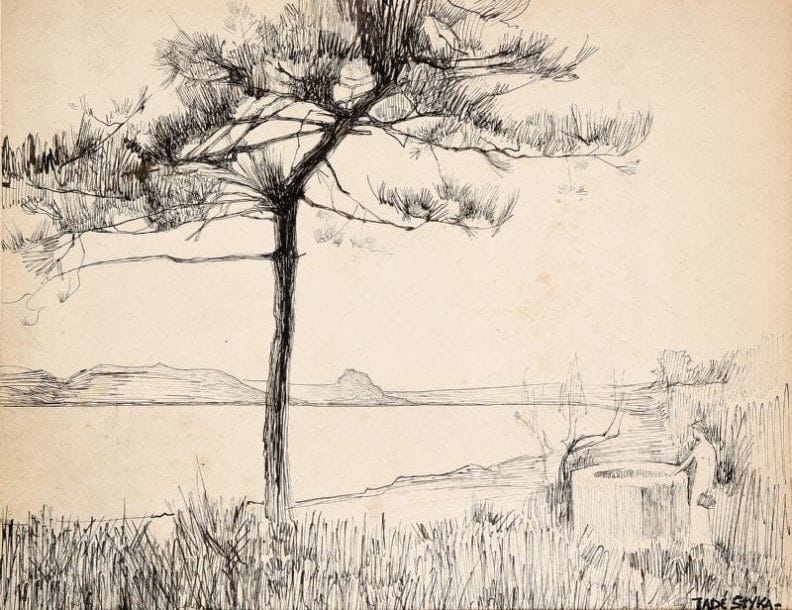 Taddé STYKA [Polonais] (1889-1954)
Paysage lacustre avec pin et jeune fille au puits Encre sur papier Signée en bas à droite 19 x 25 cm