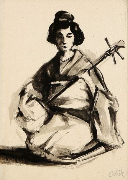 Emil ORLIK (1870-1832)
Geisha Encre de chine sur papier Signée au à la mine de plomb en bas à droite 22 x 165 cm (à vue)