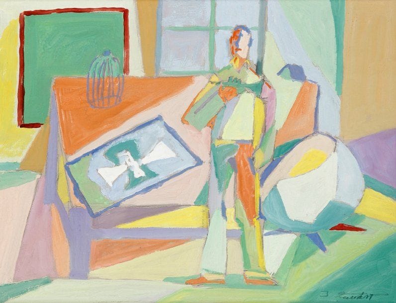 Jean FAUBERT (né en 1944)
Intérieur à l'homme debout Gouache sur papier Signée en bas droite 23 x 33 cm