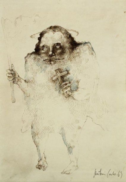 ANONYME
Saint Personnage au drapeau, 1969 Encre sur papier Porte une signature illisible et est datée en bas à droite 42 x 29 cm