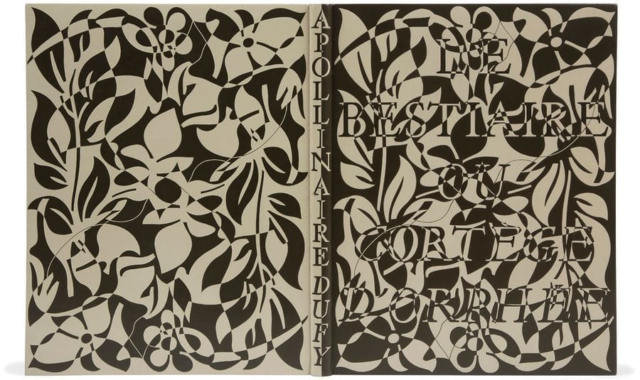 APOLLINAIRE (Guillaume) - DUFY (Raoul).
Le Bestiaire ou cortège d’Orphée, Illustré de Gravures sur bois par Raoul Dufy.
Paris : Deplanche, 1911. — In-4, 325 x 248 : (40 ff.), couverture muette. Reliure en box gris brun sur le premier plat et la moitié droite du dos et en box beige sur le second plat et la moitié gauche du dos ; premier plat orné d’un décor de feuillage mosaïqué en box beige avec le titre en lettres capitales en superposition mosaïquées en box beige et gris brun ; second plat orné du même décor de feuillages mais sans le titre, mosaïqué de box gris brun ; dos lisse orné du nom de l’auteur et de l’illustrateur en long en lettres capitales mosaïquées en deux teintes, gris brun et beige; doublures et gardes de box olive, tranches dorées sur témoins, couverture et dos conservés, chemise à dos et bandes à recouvrement de box gris brun, étui (P.L. Martin, 1962). 

Édition originale dédiée à Élémir Bourges, de ce recueil de poèmes sur les animaux, premier livre illustré par Raoul DUFY.
L’illustration comprend 39 bois originaux dont 4 à pleine page, 26 à 3 / 4 de page, 4 vignettes et 5 lettrines.
Le tirage a été limité à 120 exemplaires signés par l’auteur et l’artiste. Celui-ci est l’un des 91 sur papier de Hollande.
Exemplaire dans une spectaculaire reliure de Pierre-Lucien Martin, provenant de la bibliothèque de Raphaël Esmérian.
Provenances : Raphaël Esmérian, avec ex-libris (cat. V, 8 juin 1974, n° 3). - R. & L. Lolié, avec ex-libris (cat. 28 mars 2012, n° 54).