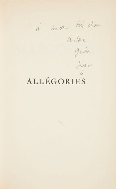COCTEAU (Jean).
Allégories.
Paris : NRF, Gallimard, [1941]. — In-12, 189 x 120 : 89 pp., (1 f.), couverture imprimée. Broché, couverture rempliée.

Édition originale de ce recueil qui marque le retour de Cocteau à la poésie.
Un des 70 exemplaires numérotés sur Alfax des Papeteries Navarre, et plus spécifiquement l’un des 10 hors commerce sur ce papier.
Exemplaire d’André Gide, portant cet envoi de l’auteur sur le faux titre :
à mon très cher // André // Gide // Jean // *
Exemplaire très bien conservé.