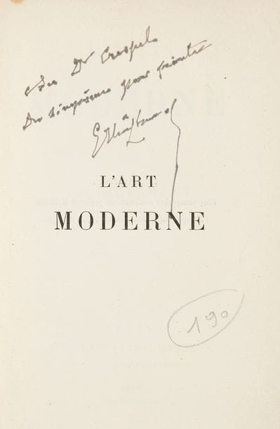 HUYSMANS (Joris-Karl).
L’Art moderne.
Paris : G. Charpentier, 1883. — In-18, 182 x 117 : (3 ff.), 277 pp., (1 f.), couverture imprimée. Demi-chagrin rouge, dos à nerfs, tête mouchetée, non rogné, couverture conservée, chemise à dos de maroquin rouge, étui (reliure de l’époque, chemise et étui modernes).

Édition originale de ce recueil d’articles parus pour la plupart dans Le Voltaire, la Réforme et dans la Revue littéraire et artistique.
Exemplaire sur papier d’édition, enrichi d’un envoi de l’auteur adressé au docteur Crespel. La dédicace est d’une écriture tremblante et difficile à lire ; Huysmans l’a sans aucun doute faite à la fin de sa vie, vers 1906.
Charnière du premier plat craquelée, les deux charnières ont été reteintées. Rousseurs.