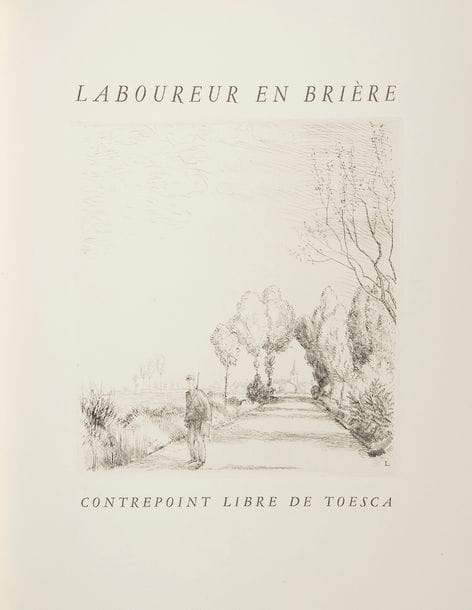 [LABOUREUR (Jean-Émile)] - TOESCA (Maurice).
Laboureur en Brière, contrepoint libre de Toesca.
[Nancy : Beaux Livres - Grands Amis, 1959]. — In-4, 300 x 244 : 63 pp., (3 ff. dernier blanc), couverture imprimée. Broché à la chinoise, chemise et étui de l’éditeur.

Sylvain Laboureur, Catalogue complet de l’œuvre de Jean-Émile Laboureur, II, pp. 283-284, n° 543bis.
Édition imprimée à 216 exemplaires, publiée par les soins de la société bibliophilique de Nancy « Beaux Livres - Grands Amis ». Elle est illustrée de 20 gravures de Jean-Émile LABOUREUR. Comme le précise Sylvain Laboureur, « les vingt illustrations de ce livre correspondent à des planches dont le tirage n’avait pas été achevé du vivant de l’artiste. » Les cuivres ont été adaptés au format du livre.
Un des 70 exemplaires sur vélin de Rives, destinés aux collaborateurs (n° 62).
Exemplaire parfaitement conservé.