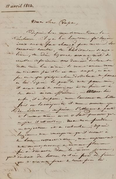 HUGO Victor (1802-1885).
7 L.A.S. « Victor », Paris 1821-1826, à son père le général Léopold HUGO à Blois ; 22 pages in-4 ou in-8, adresses, montées sur onglets entre des feuilles de papier vélin, le tout relié en un volume petit in-4, maroquin vert foncé janséniste, dentelle intérieure, tranches dorées, étui (Noulhac).

Précieux recueil de lettres de jeunesse à son père, qui suivent de façon émouvante l’entrée de Victor Hugo dans l’âge d’homme, avec ses deuils et ses joies : la mort de sa mère, la folie de son frère Eugène, son mariage, ses premiers grands succès littéraires. 
28 juin 1821. Mort de sa mère. « Mon cher papa, Nous avons une nouvelle affreuse à t’annoncer. Aujourd’hui que tout est fini et que nous sommes plus calmes, je trouverai des expressions pour te l’apprendre. Tu sais bien que maman était malade depuis longtems. Eh bien ? hier, à 3 heures de l’après-midi, après trois années de souffrances, un mois de maladie et huit jours d’agonie, elle est morte. Elle a été enterrée aujourd’hui à six heures du soir. Notre perte est immense, irréparable. Cependant, mon cher papa, tu nous restes et notre amour et notre respect pour toi ne peuvent que s’accroître de ce qu’il ne nous reste plus qu’un seul être auquel nous puissions reporter la tendresse que nous avions pour notre vertueuse mère. Dans cette profonde douleur, c’est une consolation pour nous de pouvoir te dire qu’aucun fiel, aucune amertume contre toi n’ont empoisonné les dernières années, les derniers moments de notre mère. Aujourd’hui que tout disparaît devant cet horrible malheur, tu dois connaître son âme telle qu’elle était, elle n’a jamais parlé de toi avec colère, et les sentiments profonds de respect et d’attachement que nous t’avons toujours portés, c’est elle qui les a gravés dans notre cœur. […] Elle a expiré dans nos bras, plus heureuse que nous. Nous ne doutons pas, mon cher papa, que tu ne la pleures et la regrettes avec nous, pour nous et pour toi. Il ne nous appartient pas,