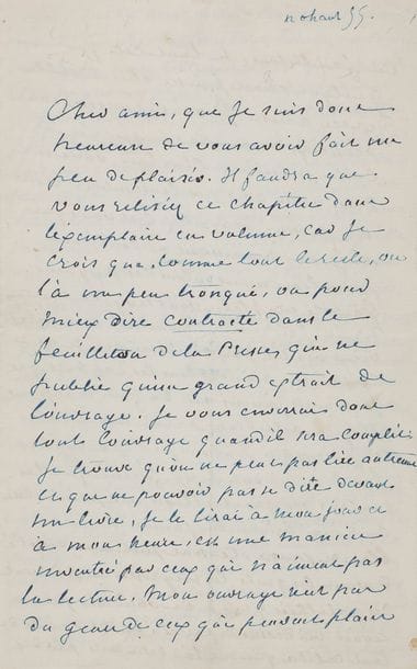 SAND George (1804-1876).
L.A.S. « G. Sand », [Nohant] 27 juillet [1855], à Eugène DELACROIX ; 5 pages in-8 à son chiffre, à l’encre bleue.

Très belle lettre à Delacroix sur la peinture et sur l’Italie.
Delacroix vient de lire dans La Presse le chapitre d’Histoire de ma vie qui lui est consacré, mais qui était tronqué : « Je vous enverrai donc tout l’ouvrage quand il sera complet. Je trouve qu’on ne peut pas lire autrement et que ne pouvoir pas se dire devant un livre, je le lirai à mon jour et à mon heure, est une manière inventée par ceux qui n’aiment pas la lecture. Mon ouvrage n’est pas du genre de ceux qui peuvent plaire en feuilletons, si tant est que quelque chose puisse être lisible dépecé ainsi. Je vous remercie donc beaucoup de ne pas l’avoir lu de cette manière. Plus tard, vous me direz votre avis sur l’ensemble, rien ne presse. Travaillez, c’est vous qui avez un monument à continuer pour l’écrasement de tous ces pygmées ».
Elle a été en Italie au printemps dernier : « J’ai revu à Gênes, et à Florence les vieux maîtres, j’ai vu Rome que je ne connaissais pas et tous les RAPHAËL que je n’avais jamais vus. En fait de Raphaël il y en a de beaux parmi une foule d’apocryphes. J’entends par apocryphes les fresques dont il n’a fourni que les cartons et que ses élèves ont peinturlurés en rouge brique, en jaune serin et en bleu de prusse. Ce sont justement ceux-là devant lesquels les Ingristes se pâment, des Galatées que je ne voudrais pas avoir en dessus de portes, et des saints de tout calibre qui ont l’air d’être faits par des enfants de dix ans, bêtes. Les Loges se voient avec les yeux de la foi, tout tombe en loques, les Stanze sont tellement noires qu’on y voit tout ce qu’on veut. C’est dans quelques galeries que l’on distingue enfin quelques personnages de Raphaël qui vraiment ne laissent rien à désirer. Mais hors de là son œuvre est une grande blague, et lui-même est pas mal poseur. Voilà mon impression, je vous la donne pour ce qu’elle vaut
