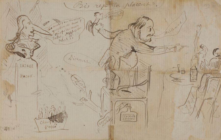 VERLAINE Paul (1844-1896).
RECUEIL de deux MANUSCRITS autographes avec dessins, de 4 L.A.S. dont 3 avec dessins, et de 5 DESSINS originaux à la plume, la plupart adressés à Ernest DELAHAYE, [1873-1885 et s.d.] ; 15 pages sur 10 feuillets la plupart in-8 ou in-12 (quelques mouillures et réparations), intercalés entre des feuillets blancs de papier vélin d’Arches, le tout dans un album relié demi-veau vert à coins, dos à nerfs orné titré Paul Verlaine. Dessins originaux (Lanoë).

Important ensemble de dessins originaux de Verlaine, avec des lettres et manuscrits illustrés de dessins.
Ernest DELAHAYE (1853-1930), à qui les lettres sont adressées, était le condisciple de Rimbaud au collège de Charleville. Verlaine le rencontra en novembre 1871 lors de la visite qu’il rendit à Rimbaud.

1. DEUX DESSINS à l’encre brune au recto et verso d’un feuillet oblong in-8 (13,2 x 20,5 cm, fentes réparées), intitulé Bis repetita placent, [1873]. – Recto : à gauche, buste de Lazare Hoche au grand nez disant dans une bulle « De moins en moins question de moi ! Oùsqu’est mon sabre, de plus en plus !!! » ; au pied du buste, panier rempli de bouteilles de Champagne frappé. Au centre du dessin, GAMBETTA debout sur une chaise fait un « Discours » (marqué sur une bulle s’échappant de son derrière), tenant un coq dans sa main gauche (qui crie dans une bulle « Nommez Coquelin ! ») ; sous le fauteuil un personnage écrasé (bulle « nommez p’ti’Jeanne, na ! ») et un encrier (avec étiquette « il a rendu l’encrier » et bulle « nommez Laboulaye ! »). À droite, des gens attablés, avec légende « Centre gauche. Discours » ; sur la table, une bouteille a les traits de Thiers et est marquée « liqueur au patria ». – Verso : caricature de THIERS appuyé sur des béquilles, devant sa maison (panneau Place George), tenant un gros sac (marqué 1.000.000, une chaumière et un cœur). À ses pieds, MAC-MAHON, coiffé d’un bicorne, montre sa tête ; commentaire : « Pour moi je commence à envisager [flè