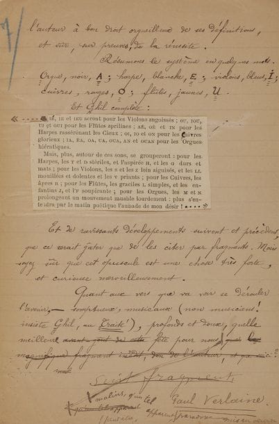 VERLAINE Paul (1844-1896).
MANUSCRIT signé « Paul Verlaine » avec CORRECTIONS et ADDITIONS autographes, René Ghil, [1888] ; 8-[1] pages grand in-8 montés sur onglets sur des feuillets de papier vélin, plus 4 L.A.S de René GHIL montées à la suite, le tout relié en un volume petit in-fol., reliure souple de chagrin noir avec titre en lettres dorées sur le plat sup., chemise, étui.

Notice sur le poète René Ghil, recopiée par ce dernier, pour Les Hommes d’aujourd’hui.
[La notice sur René GHIL (1862-1925), écrite en 1887, fut publiée dans Les Hommes d’aujourd’hui en novembre 1888 (n° 337), avec un dessin de Luque en couverture.]
Le manuscrit a été copié avec soin par René GHIL sur des feuillets de papier ligné ; il est paginé au crayon bleu de 1 à 8, et a servi pour l’impression ; Verlaine y a porté des corrections, refaisant notamment la dernière phrase, et a signé sur la dernière page.

« René Ghil, poète français, est né le z6 septembre 1862, à Tourcoing (Nord).
Comme pour beaucoup de personnes d’origine flamande, il y a gros à parier qu’il a du sang espagnol dans les veines. On a déjà dit de lui : “…un Espagnol perdu dans les brumes de la Flandre”. On ne s’est pas trompé non plus en traitant, à cette occasion, son génie et son talent “d’imagination chaude domptée par une logique sévère” Déjà plusieurs poètes de là-bas ont revendiqué ce double titre ataval manifesté par leurs écrits et que proclame l’Histoire. La grande Marceline DESBORDES-VALMORE, entre autres, aimait, blonde aux yeux bruns, à se souvenir de son cher Douai natal […] et ses sublimes vers où, au milieu de la plus vivante expansion qui fut jamais, apparaît tant de réserve pudique et hautaine, tant de discrétion d’esprit et de style, concision et verve, toutes vertus et qualités castillanes, ne furent et ne sont pas pour démentir ces belles nostalgies »...
Verlaine voit en Ghil « un cas des plus intéressants d’esthétique transcendantale. Et j’emploie ces grands mots, contre mo