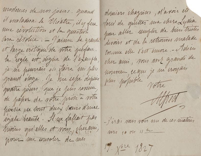 VIGNY Alfred de (1797-1863).
18 L.A.S. « Alfred de Vigny » ou « Alfred », 1820-1830, à Victor HUGO ; 56 pages in-8, adresses dont plusieurs avec cachets de cire, montées sur onglets sur feuillets de papier vélin, le tout relié en un volume in-8 maroquin bordeaux, plats et dos à nerfs ornés de filets et d’un motif romantique doré aux petits fers, doublure de maroquin même ton serties d’un filet doré, gardes de soie brochée vieil or, doubles gardes tranches dorées (Marius Michel, A. & R. Maylander).

Remarquable recueil de la correspondance de Vigny à Victor Hugo, précieux témoignage de l’amitié fraternelle entre les deux grands poètes romantiques.
[En 1820, Vigny a fait la connaissance de Victor Hugo, son cadet de cinq ans, par l’intermédiaire de leurs amis communs Émile et Antoni Deschamps. Vigny, qui suit une carrière militaire, n’a alors rien publié, tandis qu’Hugo est déjà célèbre. En décembre, Le Conservateur littéraire, fondé par les frères Hugo, va publier ses premiers textes. Nous renvoyons entre crochets pour chaque lettre à l’édition de 1989 de la Correspondance de Vigny.]

[Courbevoie] 22 octobre [1820. 20-2]. Il félicite « Monsieur Victor » de son Ode sur la naissance du duc de Bordeaux : « Vous avez fait là un bel ouvrage sur un sujet où l’on marche toujours au bord du vulgaire, et jamais le pied ne vous a glissé ». Il est malade. « Je ne fais rien, comme vous pensez, que rêver à quelques projets pour l’avenir, et j’ai un singulier plaisir à oublier ce que j’ai fait, j’y reviendrai ensuite pour perfectionner, mais j’aime les pays nouveaux. […] je sens que mon imagination est comme Phaéton, elle meurt si elle n’est libre »...
[Orléans février-mars 1823. 23-4]. Il n’est pas allé embrasser Victor avant de partir, mais (allusions à la folie d’Eugène Hugo, et à ses propres amours contrariées pour Delphine Gay) : « J’avais honte de toutes ces misères du cœur lorsque je les comparais à ces grands fléaux dont nous frappe notre propre nature 