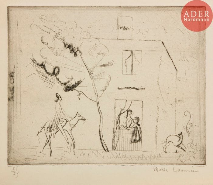 Marie Laurencin (1883-1956) 
Le Prince charmant. 1913. Eau-forte. 245 x 197. Marchesseau 29. Très belle épreuve sur vergé, numérotée et signée au crayon. Toutes marges. Tirage à 25 épreuves.