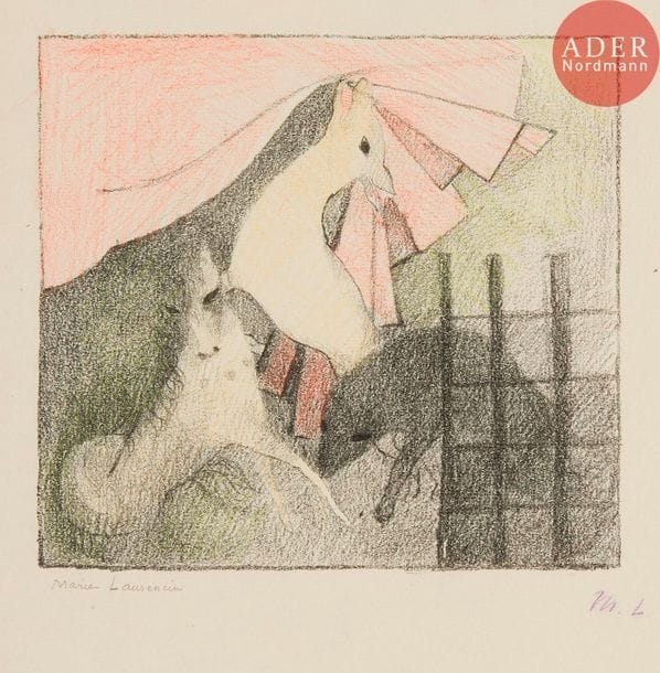 Marie Laurencin (1883-1956) 
La Cage. (Pl. pour Sommer, poèmes de R. Schickélé, Düsseldorf, Galerie Flechtheim, 1920). Lithographie. 185 x 170. Marchesseau 36. Réunion de 2 épreuves sur vergé mince, la 1re numérotée et signée au crayon, avec courte déchirure consolidée en pied du feuillet et petites traces de colle au verso, la 2e rehaussée aux crayons de couleurs, signée au crayon puis revêtue des initiales au stylo-encre, numérotée en pied, avec petite trace de trombone oxydée au bord inférieur gauche du feuillet. Toutes marges.