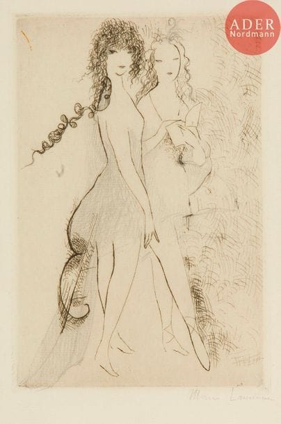 Marie Laurencin (1883-1956) 
Harmonie. 1921. Eau-forte. 123 x 176. Marchesseau 52. Très belle épreuve sur vergé blanc mince, du 1er état (sur 3), avant la robe de la figure de gauche, le sujet repris à la mine de plomb, signée par l’artiste au crayon et annotée dans l’angle inférieur gauche par J.-É. Laboureur (qui réalisa la morsure à l’eau-forte) : « 1er Etat (épreuve retouchée) ». Pli souple oblique médian. Toutes marges. Tirage définitif à 50 épreuves.