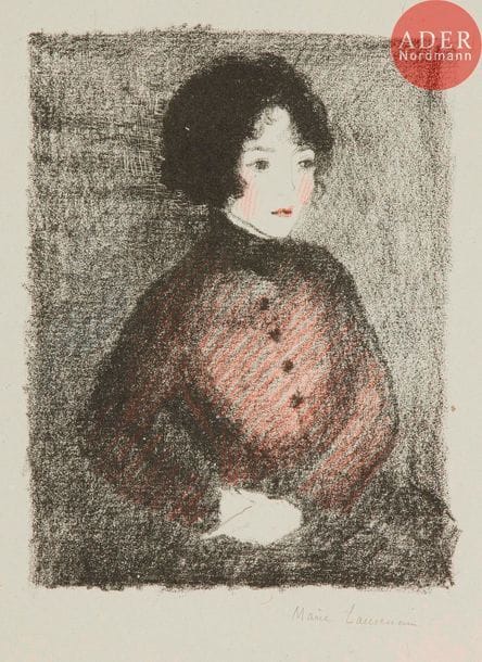 Marie Laurencin (1883-1956) 
Portrait de Madame Georges-Emmanuel Lang. 1923. Lithographie. 135 x 175. Marchesseau 61. Très belle épreuve sur chine volant, rehaussée au crayon rouge, signée au crayon. Petites taches rousses à l’extrême bord droit. Infime déchirure dans l’angle inférieur droit. Toutes marges. Tirage à une vingtaine d’épreuves.