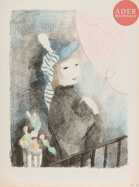 Marie Laurencin (1883-1956) 
Juliette. 1925. Lithographie. 240 x 320. Marchesseau 78. Très belle épreuve sur vélin blanc fort, rehaussée aux crayons de couleurs, numérotée et signée au crayon. Très légère oxydation aux bords du feuillet. Toutes marges. Tirage à 100 épreuves. (Pl. parue dans le Portefeuille des Peintres-graveurs indépendants, A. Morancé éd.)