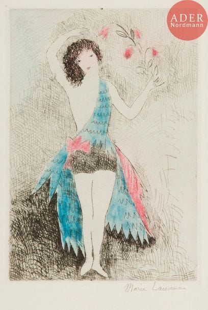 Marie Laurencin (1883-1956) 
Jeune fille à la fleur. (Pl. 1 pour Le Nouveau langage des fleurs, Paris, éd. de l’Étoile, 1925). Eau 1925. Eau-forte et roulette. 145 x 210. Marchesseau 80. Impression en couleurs. Parfaite épreuve sur vélin mince, signée au crayon. Toutes marges.