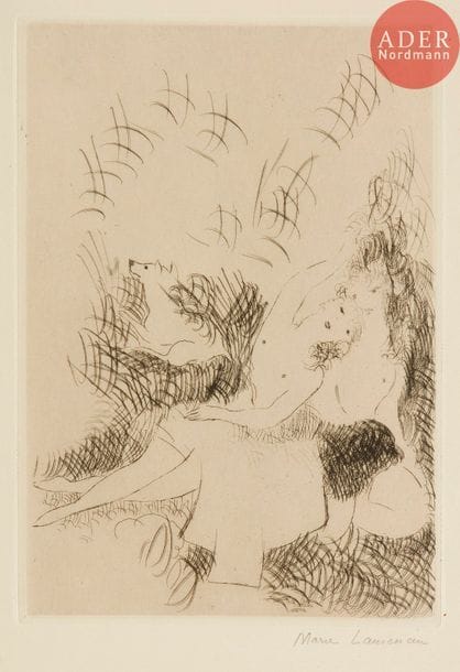 Marie Laurencin (1883-1956) 
La Sieste. (Pl. 4 pour Le Nouveau langage des fleurs, Paris, éd. de l’Étoile, 1925). Eau-forte. 147 x 210. Marchesseau 83. Très belle épreuve sur vélin fort, numérotée et signée au crayon. Toutes marges. Tirage à 33 épreuves. Joint : même sujet. Très belle épreuve sur vélin blanc mince, du 2e état (sur 3), avant les nouveaux travaux, mais avec le chien, signée au crayon, annotée dans l’angle inférieur gauche : « 1er Etat [sic] (tiré à 5 ou 6 épreuves) ». Toutes marges. Ens. 2 p.