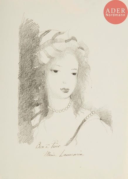 Marie Laurencin (1883-1956) 
Tête de femme, vers la droite. (Pl. 4 pour A. Flament, Marianna, Paris, F. Bernouard éd., 1932). Lithographie. 155 x 220. Marchesseau 176. Exceptionnelle réunion de 11 épreuves de la pierre-clé tirée en noir, en bleu ou en brun sur chine volant, toutes rehaussées aux crayons de couleurs, signées au crayon. Infimes déchirures en pied à une pl. Toutes marges. Joint : même sujet. Très belle épreuve tirée en noir sur vélin, annotée à la plume et à l’encre : « Bon à tirer » et signée. Toutes marges. Ens. 12 p.