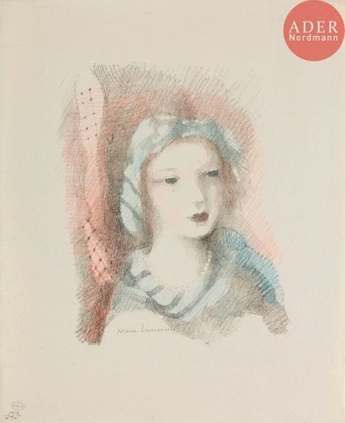Marie Laurencin (1883-1956) 
Miquette. 1932. Lithographie. [203 x 240]. Marchesseau 179. Impression en couleurs. Réunion de 2 très belles épreuves sur vélin blanc et sur vergé, le coloris au pochoir (état non décrit par Marchesseau). Légère oxydation du feuillet à la 2e. Petites marges normales. F. Bernouard éd., Paris. Joint : même sujet. Très belle épreuve de la pierre-clé tirée en noir sur chine volant, rehaussée aux crayons de couleurs, signée au crayon. Toutes marges. Ex-coll. H.-M. Petiet (Lugt 5031). Ens. 3 p.