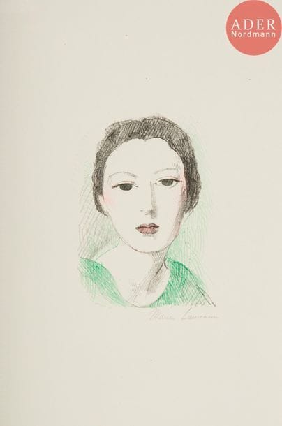 Marie Laurencin (1883-1956) 
Jeune fille de face. (Pl. pour H. de Montherlant, Les Jeunes filles, Paris, Grasset, 1937). Lithographie. [325 x 500]. Marchesseau 186. Réunion de 2 très belles épreuves de la pierre-clé tirée en noir sur vélin, rehaussées aux crayons de couleurs, signées au crayon. Très grandes marges. Ex-coll. H.-M. Petiet (Lugt 5031).