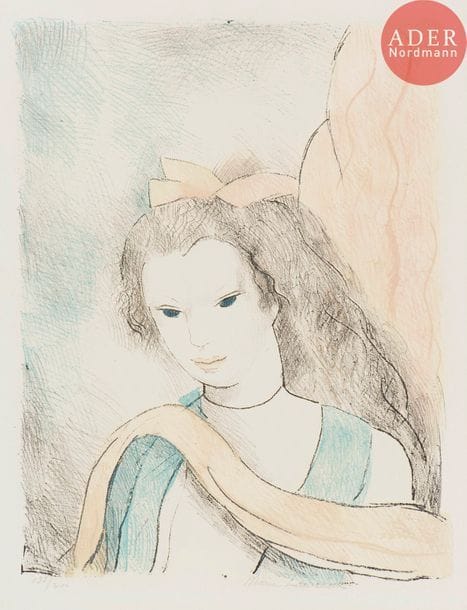 Marie Laurencin (1883-1956) 
Belle. 1956. Lithographie. 250 x 330. Marchesseau 289. Impression en couleurs. Très belle épreuve sur vélin crème, numérotée et signée au crayon. Infime trace d’oxydation à l’ouverture d’un ancien montage. Belles marges. Tirage à 200 épreuves.