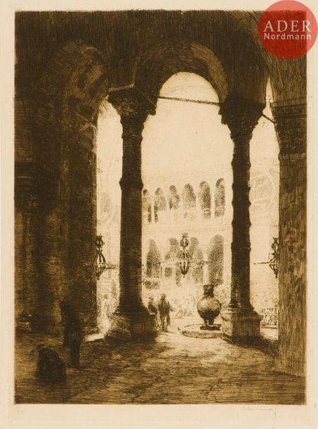 Alexandre Lunois (1863-1916) 
Intérieur de Sainte-Sophie. 1912. Eau-forte. 286 x 395. I.F.F. 165. Très belle et fraîche épreuve sur vélin fort crème, numérotée et signée au crayon. Toutes marges. Tirage à 40 épreuves.