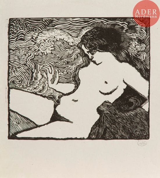 Aristide Maillol (1861-1944) 
La Vague. 1895-1898. Bois gravé. 195 x 170. Guérin 8. Très belle épreuve sur japon vergé mince, signée du monogramme au crayon. Petite décharge d’encre au bord gauche. Courte fissure verticale au centre à hauteur de la hanche, essentiellement visible par transparence. Petites épidermures aux bords du feuillet, seulement visibles par transparence. Belles marges. Timbre sec : H. Petiet éd. Paris (Lugt 2021a).