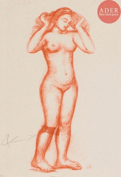 Aristide Maillol (1861-1944) 
Femme vue de face, les deux mains dans les cheveux. (Pl. pour L’Art d’aimer d’Ovide, Lausanne, Gonin frères éd., 1935). Lithographie. [280 x 380]. Guérin 314. Impression en sanguine. Très belle épreuve d’essai sur vergé de Montval au filigrane de Gaspard Maillol, avec annotation au crayon au bord gauche en vue d’une modification sur la pierre. Léger pli souple en tête. Toutes marges.