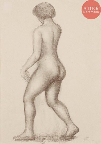 Aristide Maillol (1861-1944) 
Femme marchant vers la gauche. (Pl. pour L’Art d’aimer d’Ovide, Lausanne, Gonin frères éd., 1935). Lithographie. À vue : [260 x 370]. Guérin 316. Très belle épreuve sur vergé de Montval. Plusieurs traces de plis dont un long pli de tirage (ou déchirure ?) au bord droit. Marges. Cadre.