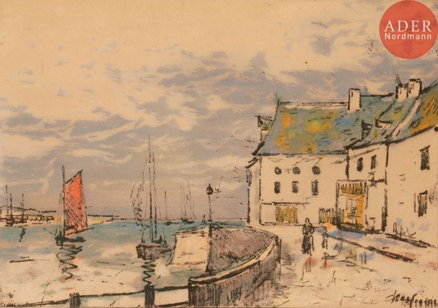 Maxime Maufra (1861-1918) 
Le Quai du Croisic. 1915. Vernis mou et aquatinte. 340 x 242. Morane 79. Très belle épreuve sur vergé, signée, datée et numérotée au crayon, l’une des 5 tirées en couleurs (les 25 autres étant tirées en monochrome ou en deux tons). Oxydation du feuillet. Marges. Cadre.