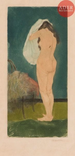 Charles Maurin (1856-1914) 
Femme ôtant sa chemise. Vers 1900. Eau-forte et aquatinte. 130 x 285. Impression en couleurs. Très belle épreuve sur simili-japon, soigneusement lavée, signée au crayon (la signature légèrement passée). Quelques fines traces de frottement en surface, à peine perceptibles. Toutes marges.