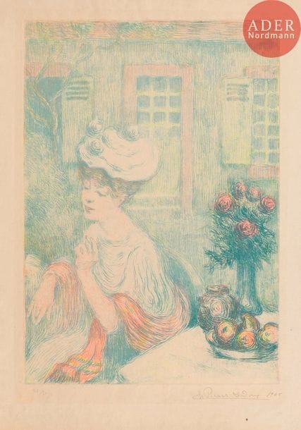 Charles Picart Le Doux (1881-1959) 
Femme à la cigarette au jardin. 1905. Vernis mou. 312 x 440. Impression en couleurs. Très belle épreuve sur japon fort, numérotée, signée et datée au crayon. Petites ondulations normales aux bords du feuillet. Toutes marges. Rare. Tirage à 30 épreuves.