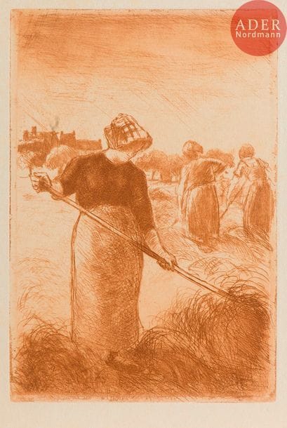 Camille Pissarro (1830-1903) 
Faneuses. 1890. Eau-forte et pointe sèche. 134 x 197. Delteil 94. Belle épreuve tirée en sanguine sur japon, du tirage de tête pour H. Floury, Histoire des peintres impressionnistes. Quelques rousseurs claires. Toutes marges non ébarbées.