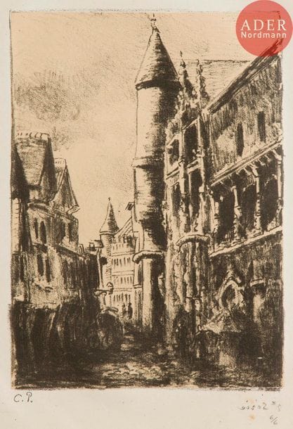 Camille Pissarro (1830-1903) 
Rue Saint-Romain à Rouen (2e pl.). 1896. Zincographie. 137 x 190. Delteil 177. Très belle épreuve sur vergé mince saumon, l’une des 6 du tirage posthume, timbrée (Lugt 613e) et numérotée au crayon. Quelques rousseurs sur le support. Ondulations dues à la pression au tirage. Tirage total à 18 épreuves dont 12 du vivant de l’artiste.