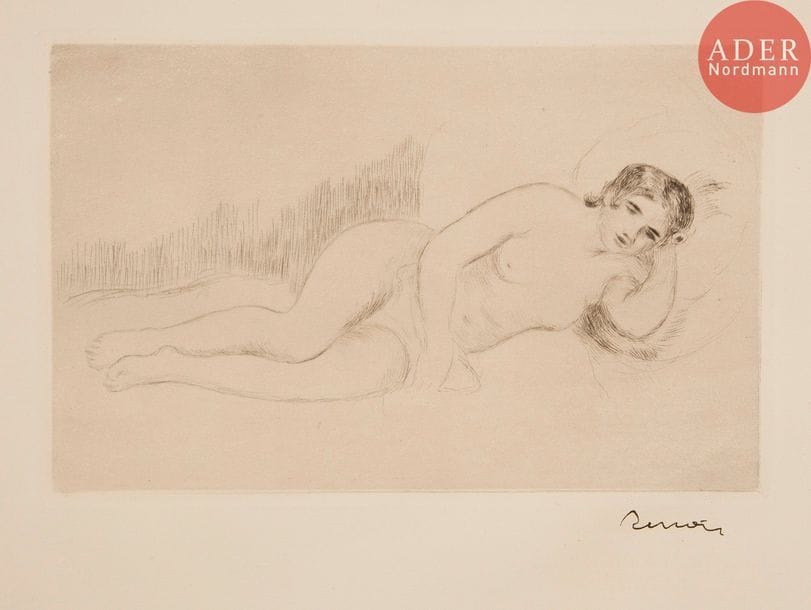 Pierre-Auguste Renoir (1841-1919) 
Femme nue couchée tournée à droite (1re pl.). Vers 1906. Pointe sèche. 198 x 130. Delteil, Stella 13. Très belle épreuve sur vélin fort ivoire, timbrée (Lugt 2137b). Toutes marges.