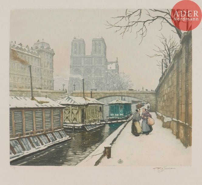 Tavik Frantisek SIMON (1877-1942)
Tavík František Šimon (1877-1942) 
Le Petit Pont, Paris. 1926. Eau-forte et aquatinte. 385 x 335. Impression en couleurs. Très belle épreuve sur vergé, numérotée et signée au crayon. Infime déchirure en pied. Toutes marges non ébarbées. Tirage à 350 épreuves.