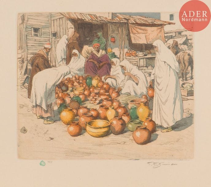 Tavik Frantisek SIMON (1877-1942)
Tavík František Šimon (1877-1942) 
Marché de potiers à Tanger. Vers 1925. Vernis mou et aquatinte. 288 x 242. Impression en couleurs. Très belle et fraîche épreuve sur vélin crème, timbrée, numérotée et signée au crayon. Toutes marges.