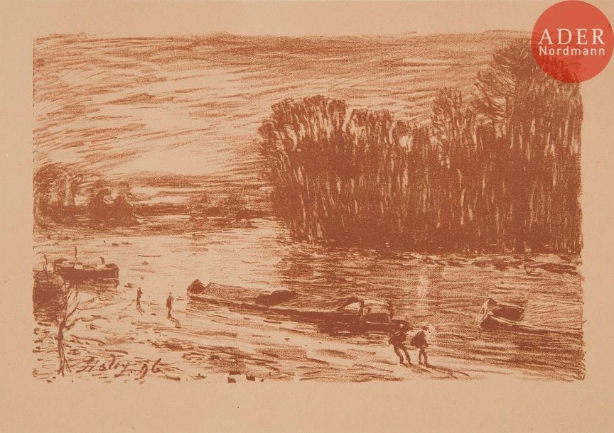 Alfred Sisley (1839-1899) 
Bords du Loing, près Saint-Mammès. 1896. Autographie. 221 x 141. Delteil 5. Belle épreuve tirée en brun sur vélin blanc. Forte oxydation à l’ouverture du passe-partout. Fines rousseurs aux bords du feuillet. Toutes marges. Pl. parue dans Art et Nature de Roger-Milès.