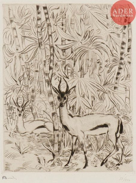 André SUREDA (1872-1930)
André Suréda (1872-1930) 
Deux gazelles dans la jungle. Vers 1926. Eau-forte et pointe sèche. 140 x 180. Parfaite épreuve sur vélin crème fort, signée et numérotée au crayon. Toutes marges. Tirage à 100 épreuves pour L’Art d’aujourd’hui, A. Morancé éd.