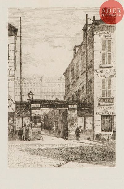 Alfred Taïée (1820-1880) 
Siège de L’Illustration Nouvelle. 1869. Eau-forte. 160 x 230. Bailly-Herzberg, t. I, p. 170. Très belle épreuve sur vergé, avant la lettre. Légères rousseurs, empoussiérage et infimes accidents aux bords du feuillet. Petit arrachement dans l’angle inférieur droit. Toutes marges.