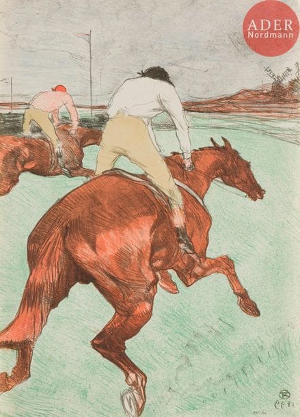 Henri de Toulouse-Lautrec (1864-1901) 
Le Jockey. 1899. Lithographie. 363 x 518. Delteil 279 ; Wittrock 308. Impression en couleurs. Superbe épreuve sur chine volant, les couleurs d’une exceptionnelle fraîcheur, tirée sans marges comme à l’ordinaire. Petite inscription au crayon en pied à droite (« 243 hm »). Infimes rousseurs au verso. Tirage à 100 épreuves sur ce papier (outre 12 sur japon).
