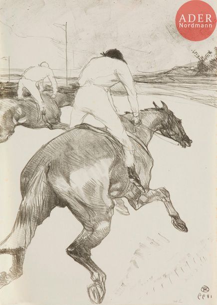 Henri de Toulouse-Lautrec (1864-1901) 
Le Jockey. 1899. Lithographie. 362 x 516. Delteil 279 ; Wittrock 308. Très belle et fraîche épreuve, l’une des 70 tirées en noir sur chine volant, tirée sans marges comme à l’ordinaire. Petite inscription au crayon en pied à droite (« 308 hm »).