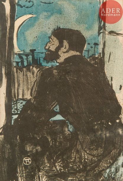 Henri de Toulouse-Lautrec (1864-1901) 
Nuit blanche. 1893. Lithographie. À vue : 165 x 240. Delteil 20 ; Wittrock 8. Belle épreuve sur vélin, du 1er tirage, coloriée au pochoir à la gouache bleue. Une longue déchirure au bord droit, pénétrant dans le sujet, à peine perceptible dans le noir. Quelques autres fins plis ou fractures. Angle supérieur droit restauré. Pas de marges apparentes. Cadre (avec au verso une longue annotation au stylo-bille de Gen-Paul, signée de sa main : « collection Gen-Paul »). 