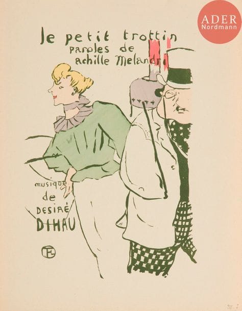Henri de Toulouse-Lautrec (1864-1901) 
Le Petit trottin. 1893. Lithographie. 195 x 270. Delteil 27 ; Wittrock 14. Parfaite épreuve tirée en vert olive sur vélin, coloriée au pochoir, d’un tirage effectué après 1901. Toutes marges.