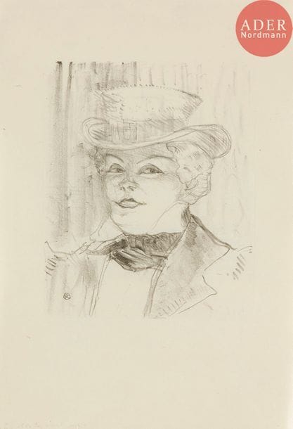 Henri de Toulouse-Lautrec (1864-1901) 
Madame Réjane. 1898. Lithographie 242 x 294. Delteil 266 ; Wittrock 266. Très belle et fraîche épreuve tirée en noir sur japon vergé mince, du tirage de 1936 à 75 épreuves effectué pour les Leicester Galleries. Ondulations dues à la pression au tirage. Toutes marges. 